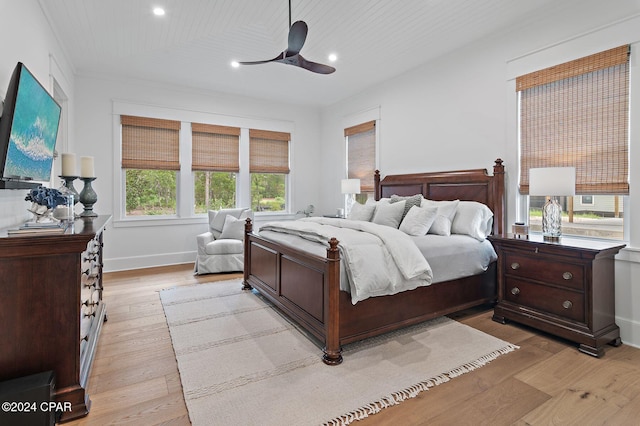 bedroom featuring light hardwood / wood-style floors, ceiling fan, and wooden ceiling