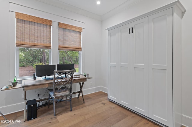 office with ornamental molding and light wood-type flooring