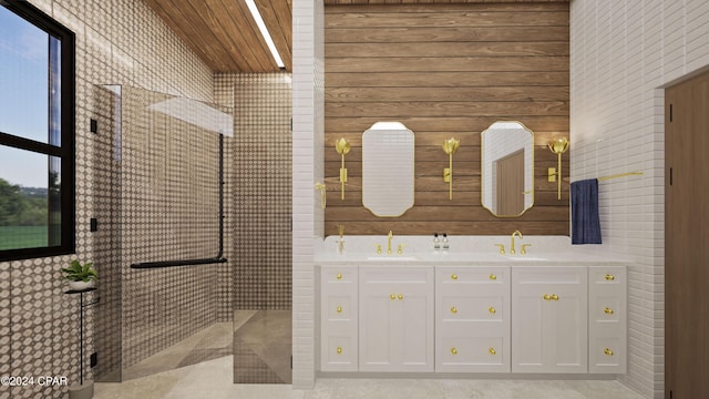 bathroom featuring wood ceiling, walk in shower, and wooden walls