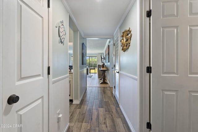 hallway featuring crown molding and dark wood-type flooring