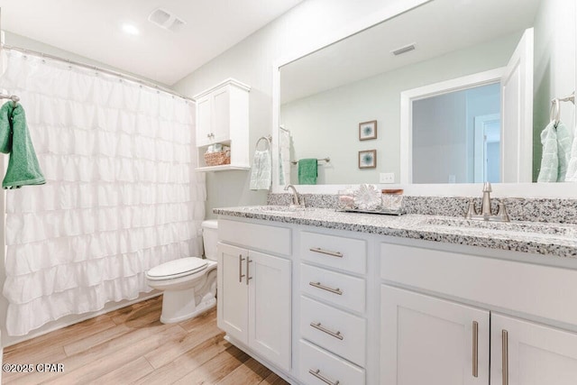 bathroom with vanity, toilet, and wood-type flooring