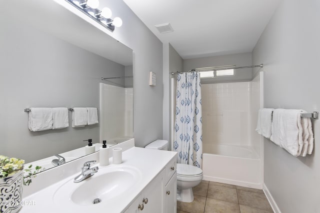 full bathroom with toilet, shower / bath combination with curtain, vanity, and tile patterned floors