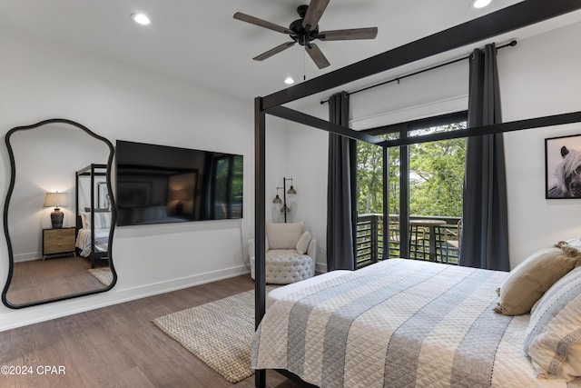 bedroom featuring ceiling fan, wood-type flooring, and access to outside