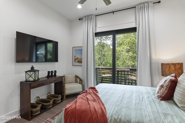 bedroom featuring access to exterior, hardwood / wood-style flooring, and ceiling fan