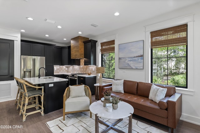 living room featuring sink and dark wood-type flooring