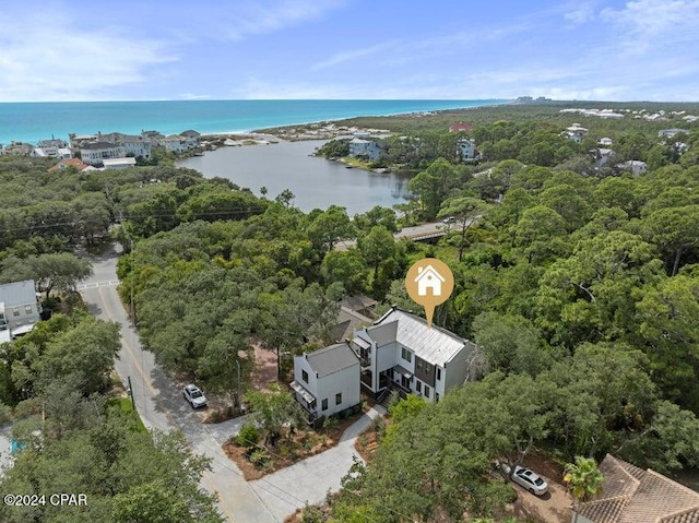 drone / aerial view featuring a water view