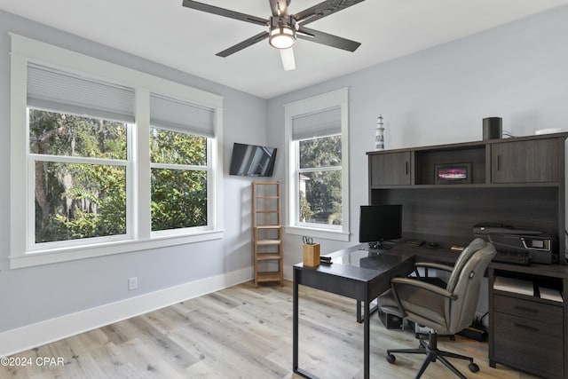 office area with ceiling fan and light hardwood / wood-style flooring