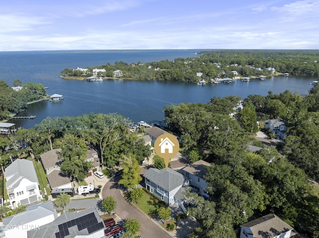 drone / aerial view featuring a water view