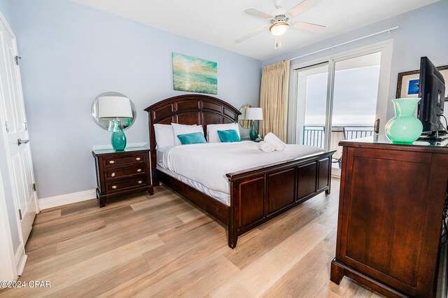 bedroom featuring ceiling fan, access to exterior, and light wood-type flooring