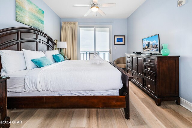 bedroom with ceiling fan, light wood-type flooring, and access to outside