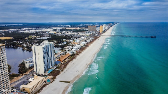 bird's eye view with a water view and a view of the beach