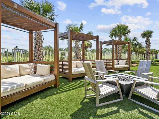 view of patio / terrace featuring a pergola and an outdoor living space with a fire pit