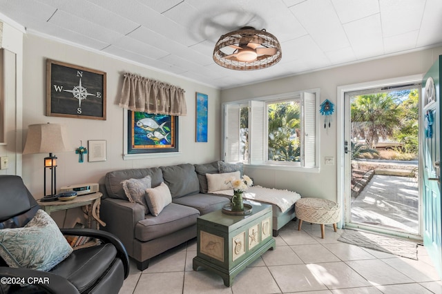 tiled living room with crown molding