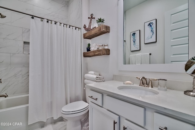 full bathroom featuring toilet, vanity, and shower / tub combo with curtain