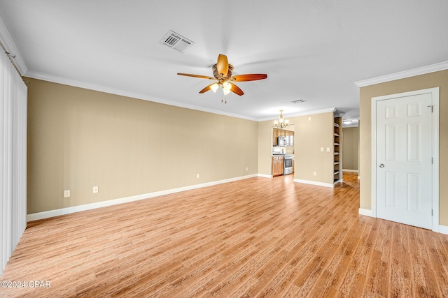 unfurnished living room featuring ceiling fan with notable chandelier and crown molding