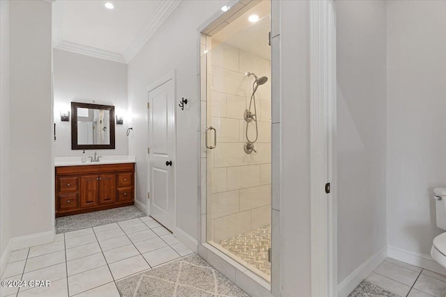 bathroom with vanity, tile patterned flooring, toilet, ornamental molding, and an enclosed shower