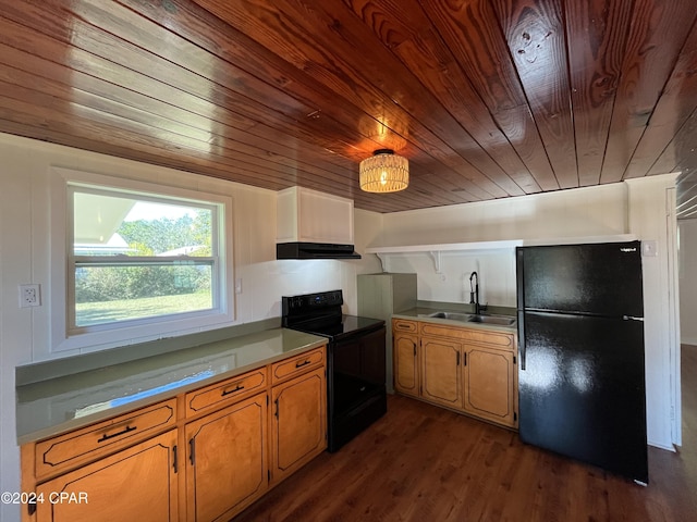 kitchen with wood ceiling, ventilation hood, dark hardwood / wood-style flooring, black appliances, and sink