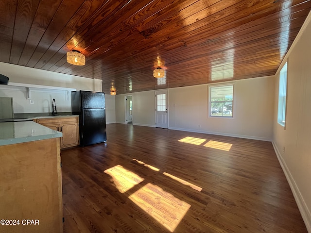 interior space featuring dark hardwood / wood-style flooring, wood ceiling, and sink