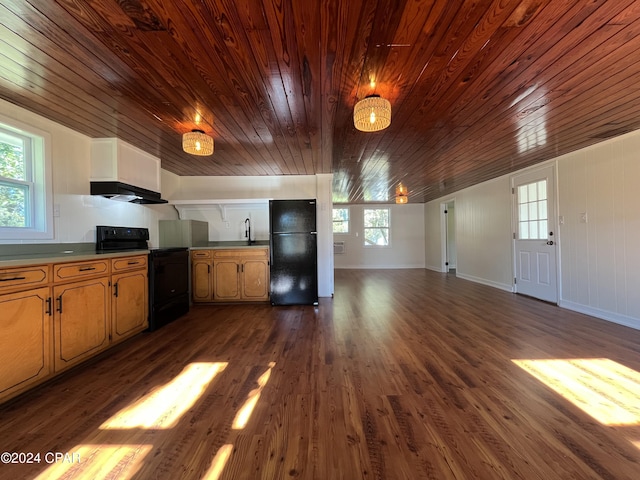 kitchen featuring range hood, black appliances, sink, wood ceiling, and dark hardwood / wood-style flooring