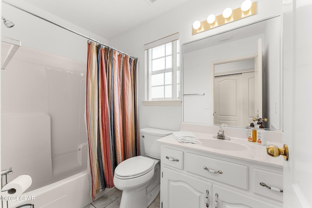 full bathroom featuring toilet, shower / tub combo, tile patterned floors, and vanity