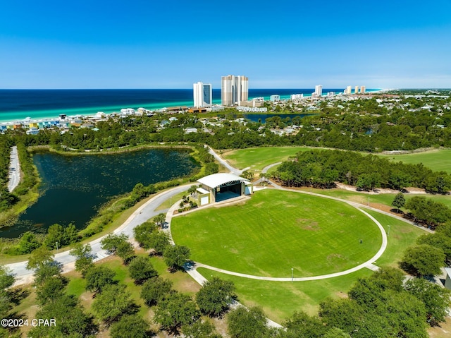 bird's eye view with a water view