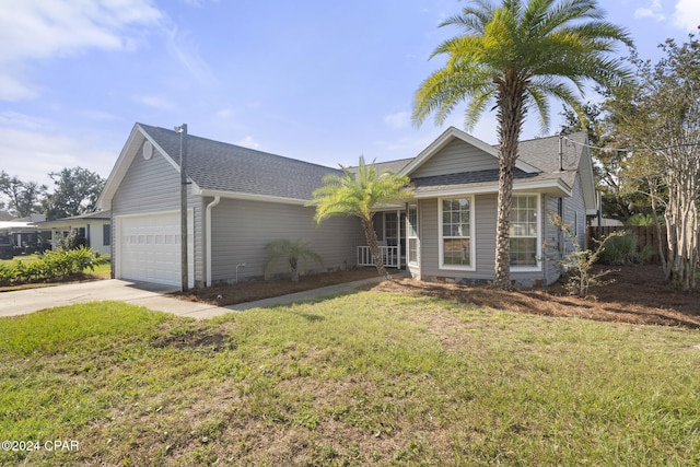 ranch-style home with a garage and a front lawn