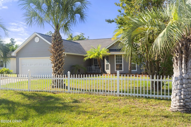 view of front of property with a front yard and a garage