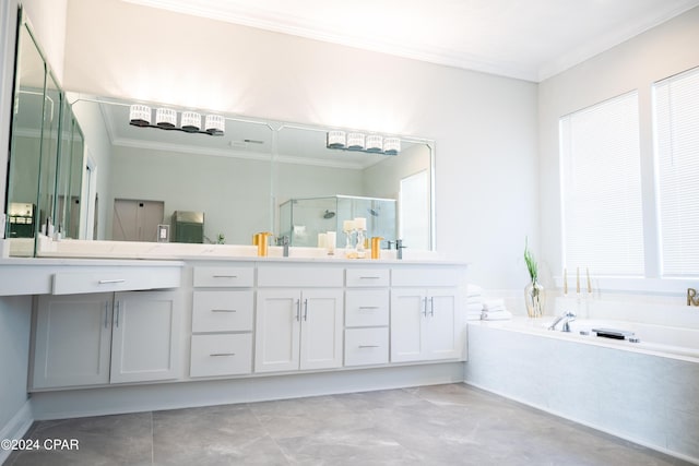 bathroom featuring vanity, ornamental molding, and plus walk in shower