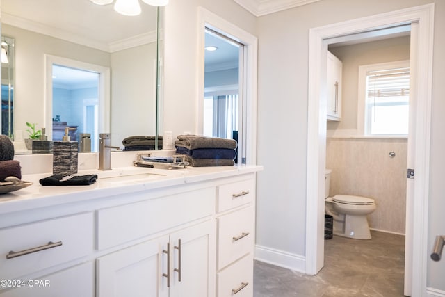 bathroom featuring toilet, vanity, and crown molding