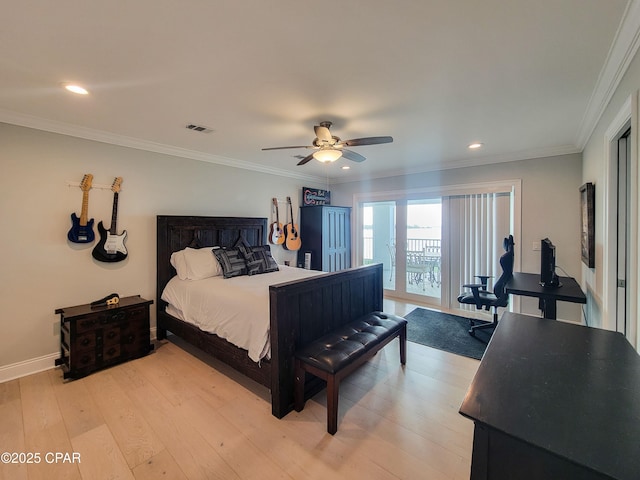 bedroom with access to exterior, ceiling fan, ornamental molding, and light hardwood / wood-style flooring