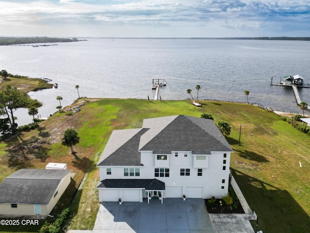 bird's eye view with a water view