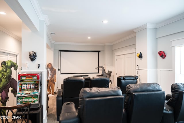 home theater with crown molding