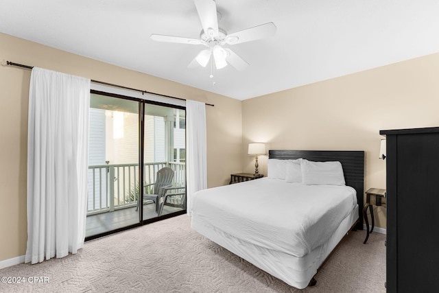 bedroom featuring access to exterior, ceiling fan, and light carpet