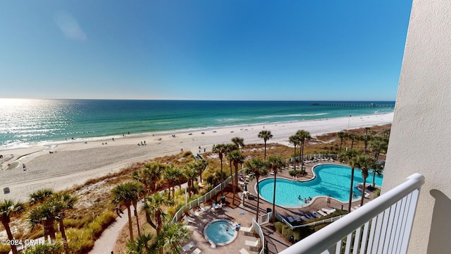 view of water feature with a beach view