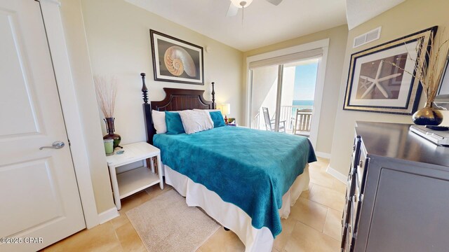 bedroom with access to outside, ceiling fan, and light tile patterned flooring