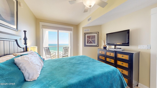 bedroom featuring access to exterior, ceiling fan, and lofted ceiling