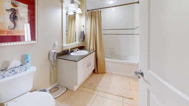 full bathroom featuring tile patterned flooring, vanity, shower / tub combo, and toilet