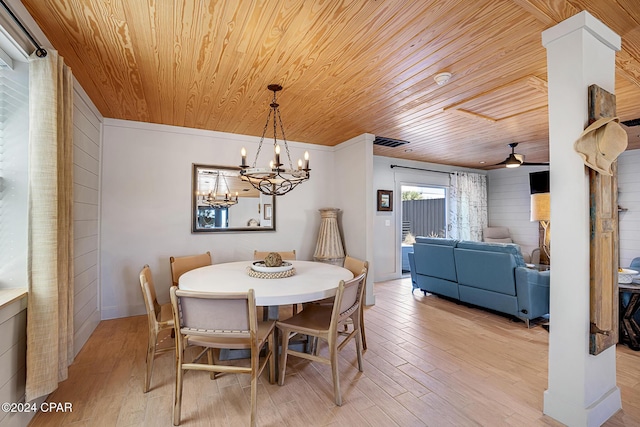 dining room featuring ceiling fan with notable chandelier, light hardwood / wood-style flooring, wood walls, and wood ceiling