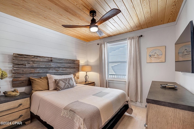 bedroom featuring ceiling fan, wood ceiling, wood walls, and light hardwood / wood-style floors