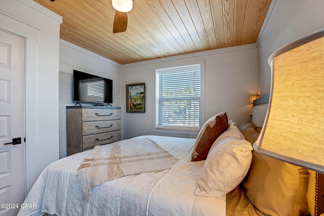 bedroom featuring ceiling fan and wooden ceiling