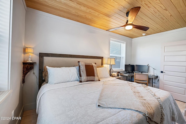 bedroom with hardwood / wood-style floors, ceiling fan, and wooden ceiling