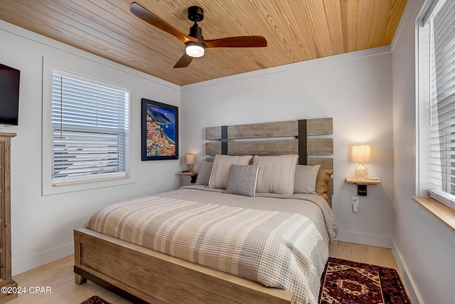 bedroom with multiple windows, light wood-type flooring, ceiling fan, and wooden ceiling