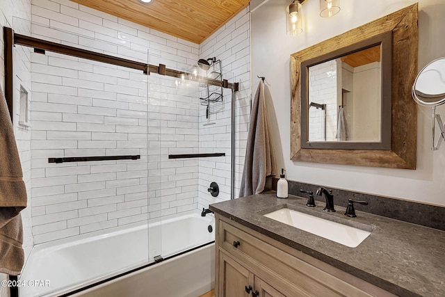 bathroom with wooden ceiling, vanity, and enclosed tub / shower combo