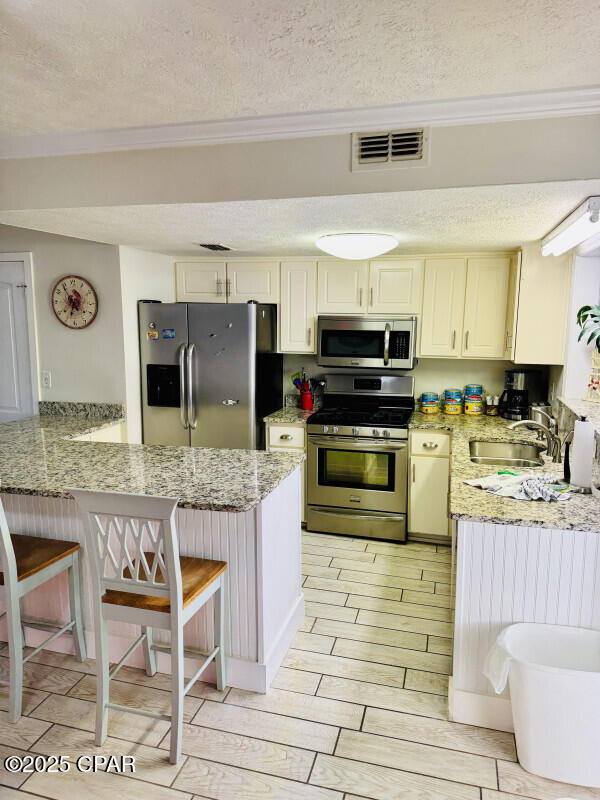 kitchen featuring light stone countertops, appliances with stainless steel finishes, a textured ceiling, and sink