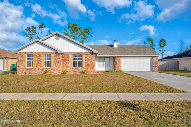 ranch-style home featuring a front yard and a garage