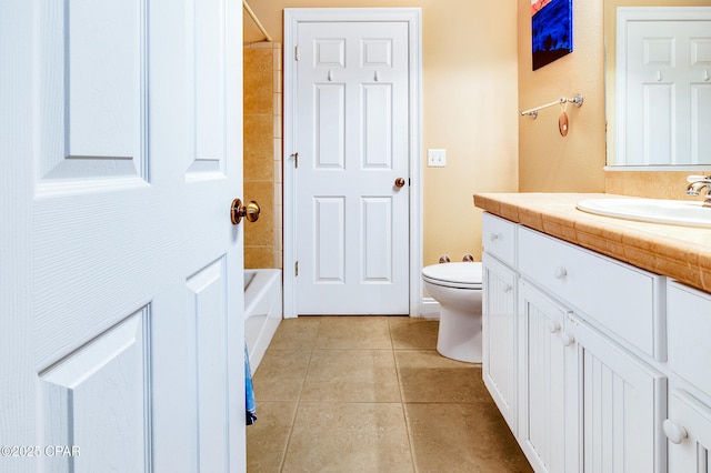 full bathroom with tile patterned flooring, vanity, shower / bathtub combination, and toilet