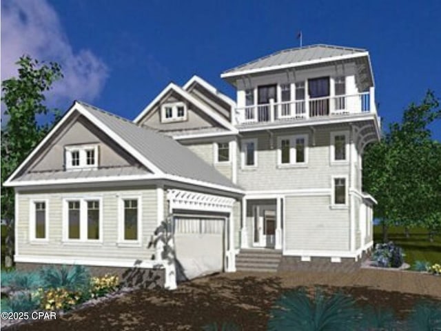 view of front of home featuring a balcony, dirt driveway, and metal roof