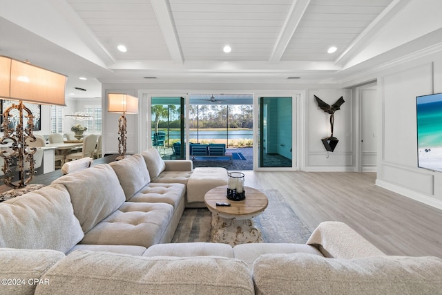 living room featuring wood-type flooring, vaulted ceiling with beams, and wooden ceiling