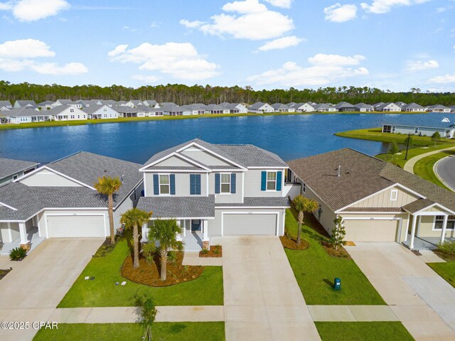 view of front of home featuring a water view and a front yard