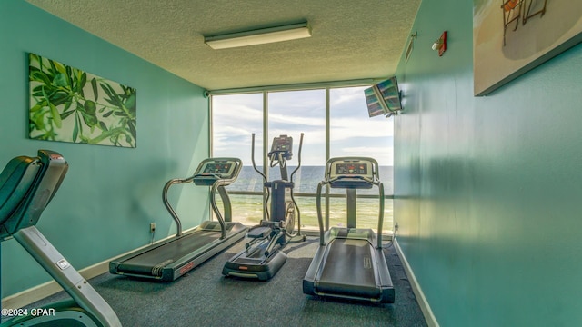 workout room featuring a textured ceiling and expansive windows